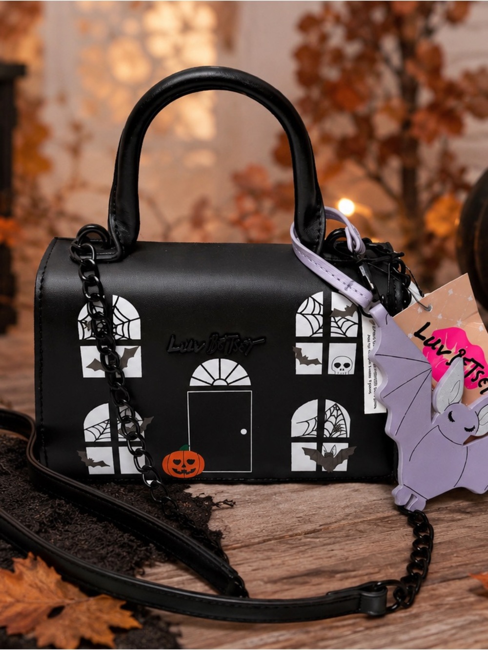 NWT Luv Betsey Halloween Haunted House Bat Crossbody Purse Black Lavender Spooky